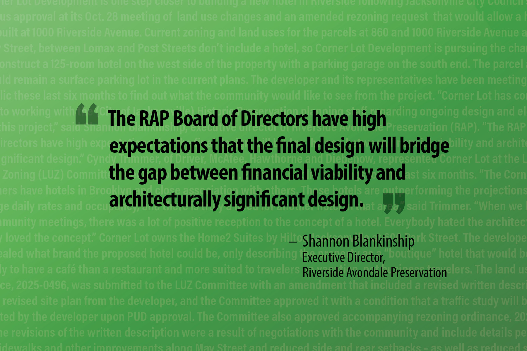 Quote reading "The RAP Board of Directors have high expectations that the final design will bridge the gap between financial viability and architecturally significant design." Quote by Shannon Blankinship, Executive Director, Riverside Avondale Preservation