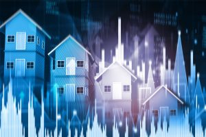graphic of housing and bar charts and numbers in cool colors