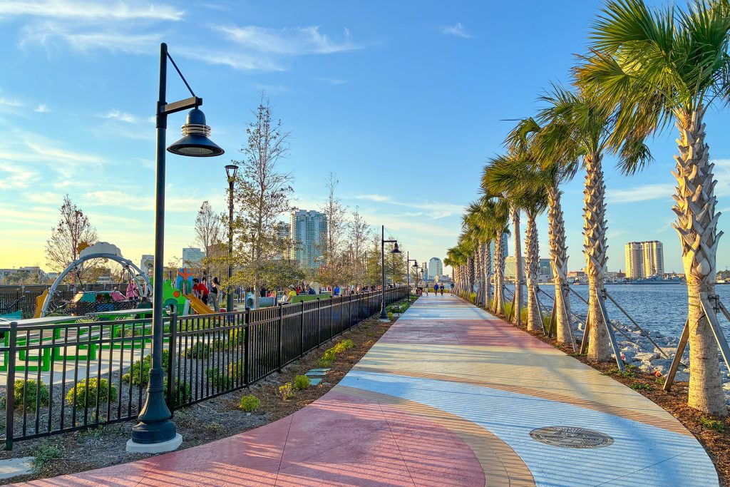 photo of walkway lined with palm trees