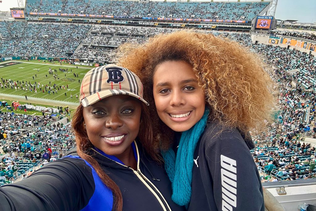Hannah and her daughter, Julia, at a Jaguars game