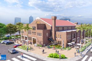 An exterior rendering of the renovated armory building.