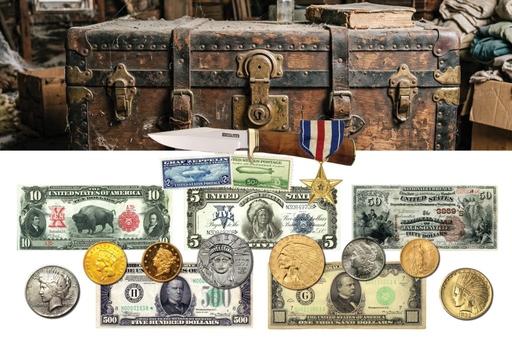 image of dusty chest in attic, antique knife, medal, stamps, currency, and coins