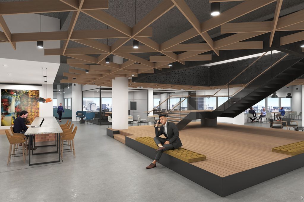 Renderings depict the interior design of Haskell’s new headquarters on the Southbank.