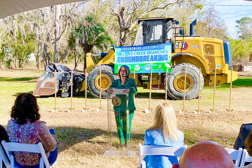 Groundwork Jacksonville CEO Kay Ehas speaks at the Feb. 4 groundbreaking ceremony.