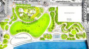 A site plan depicts the City-owned pad designated for a riverfront restaurant at Riverfront Plaza.