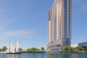 Early design renderings depict the 32-story residential tower for the Fleet Landing project in Brooklyn. | Rendering courtesy of Fleet Landing