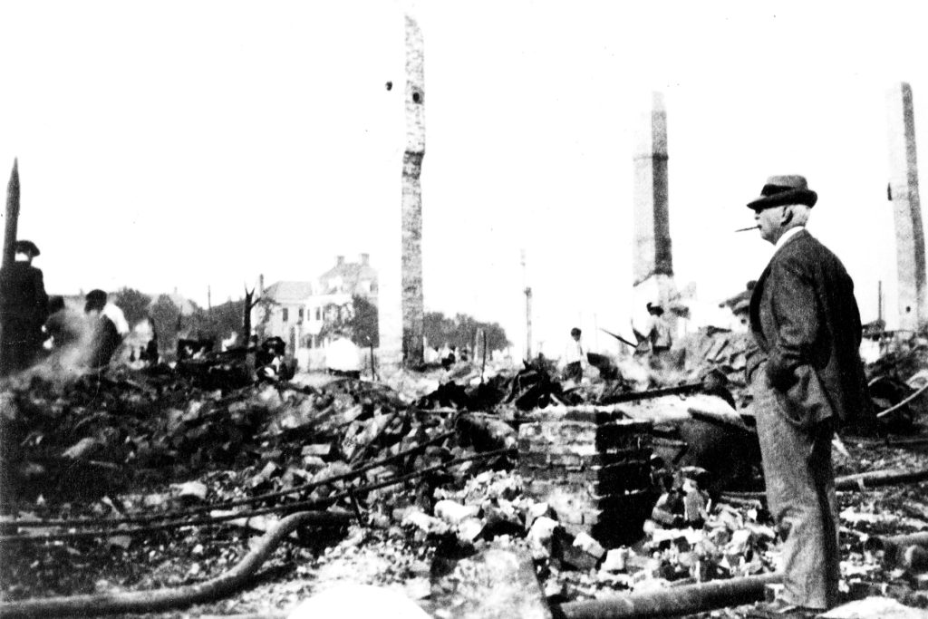 Mayor J.E.T. Bowden surveys the city in the aftermath of the May 3, 1901 fire.