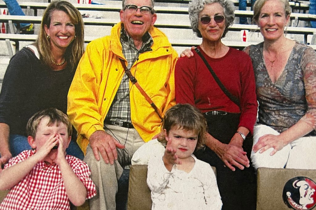 Betsy and Gunnar Miller attend an FSU football game with daughter Daisy Davidson (left) and her children Gunnar and Elinor, and daughter Alison Miller (right).