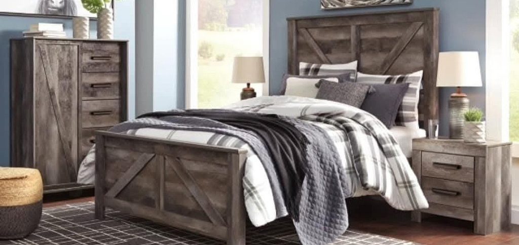 bed with natural wood finish bed frame