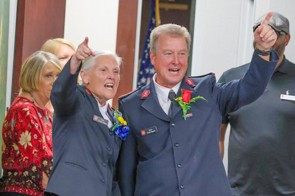 Majors Keath and Candice Biggers enjoying their retirement celebration at The Salvation Army Area Command headquarters on West Monroe Street.