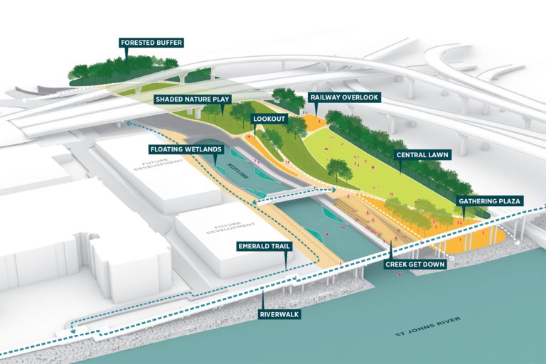 One of three proposed “frameworks” for possible programming and design for the McCoys Creek Outfall Park in Brooklyn