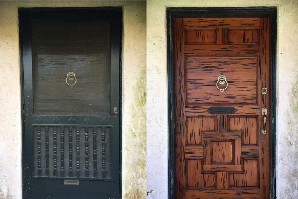 The front door of 1534 Avondale Avenue pre- and post-restoration.